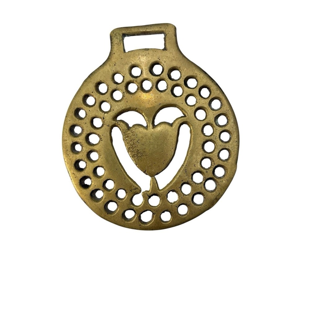 Vintage stylized tulip / heart w/ geometric circle design horse brass medallion